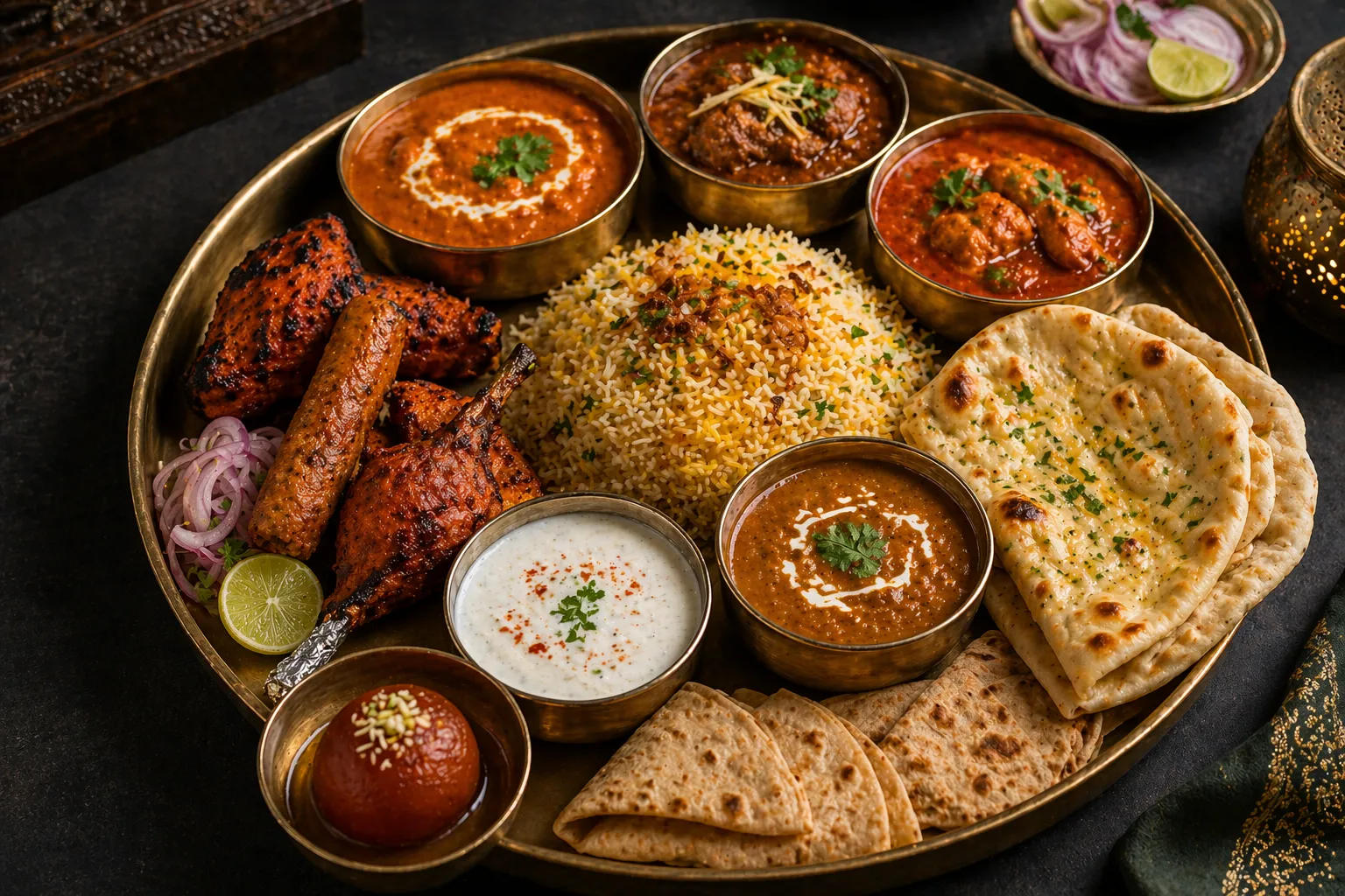 Ghazal non-veg thali platter — complete Indian fine-dine meal at Tamarack Edmonton